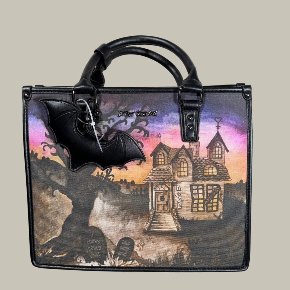 Betsey Johnson Haunted House Satchel Crossbody Bag Black Multi Halloween Bat